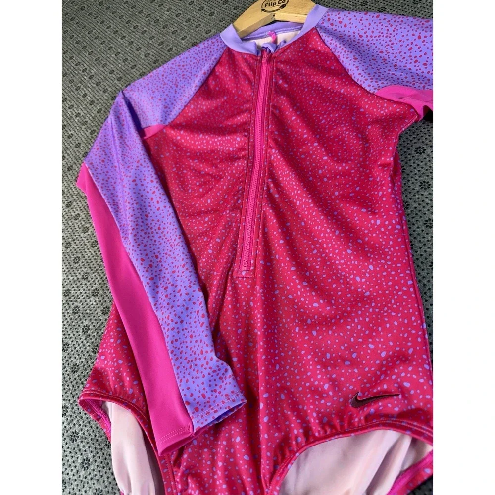 Nike Girls Long Sleeve One-Piece Swimsuit Pink Purple Water Dots Size L (14/16) - Picture 4 of 11
